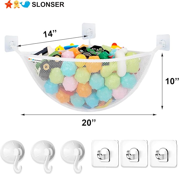 Bath Toy Storage Organizer for Bathtub – Large Mesh Bath Toy Holder & Bath Toy Net, Corner Bathtub Toy Storage with 3 Strong Suction Cups, 3 Adhesive Hooks, Quick-Dry Toy Holder for Tub & Shower - Image 3