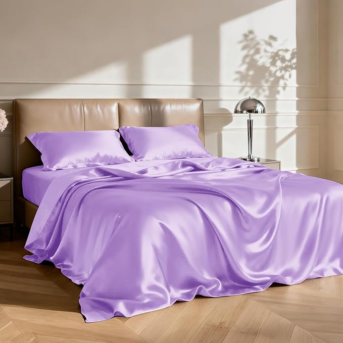 Love's cabin Twin Satin Sheets Sets - 3 Piece Lavender Silky Bed Sheets with Deep Pockets, Luxury Silk Feel Satin Twin Size Sheet Set Bedding Set (1 Flat Sheet,1 Fitted Sheet,1 Pillow case)