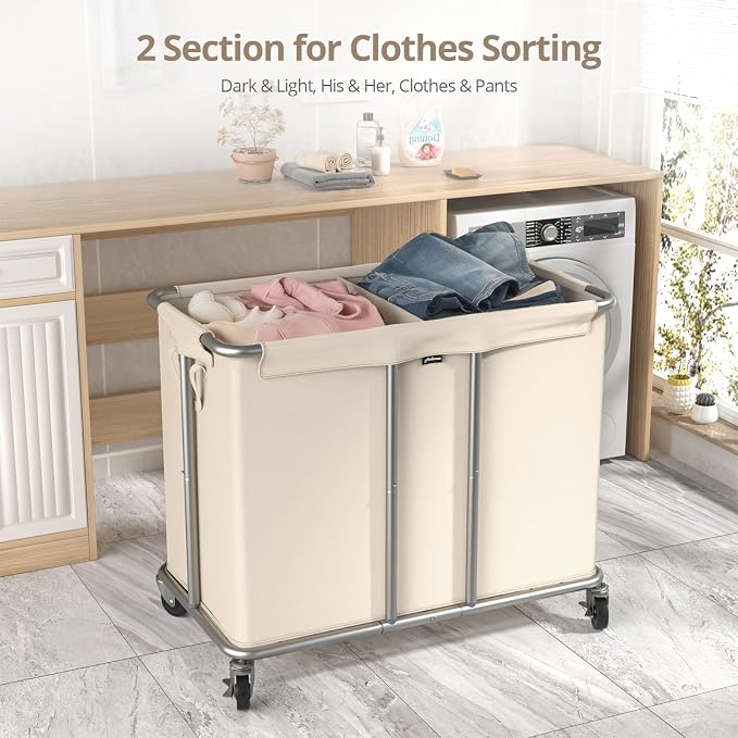 Hodonas 230L Rolling Laundry Hamper, 2-Section Laundry Basket with Wheels, 61 Gallons Laundry Sorter with Metal Structure and Removable Liner, Clothes Hamper for Laundry Room, Bathroom, Bedroom, Beige - Image 2