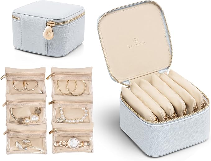 VLANDO Travel Jewelry Box Organizer – Portable PU Leather Jewelry Case with 6/8/12 Zippered Pouches, Compact Storage for Earrings Rings Necklaces Bracelets, Baby Blue by VLANDO