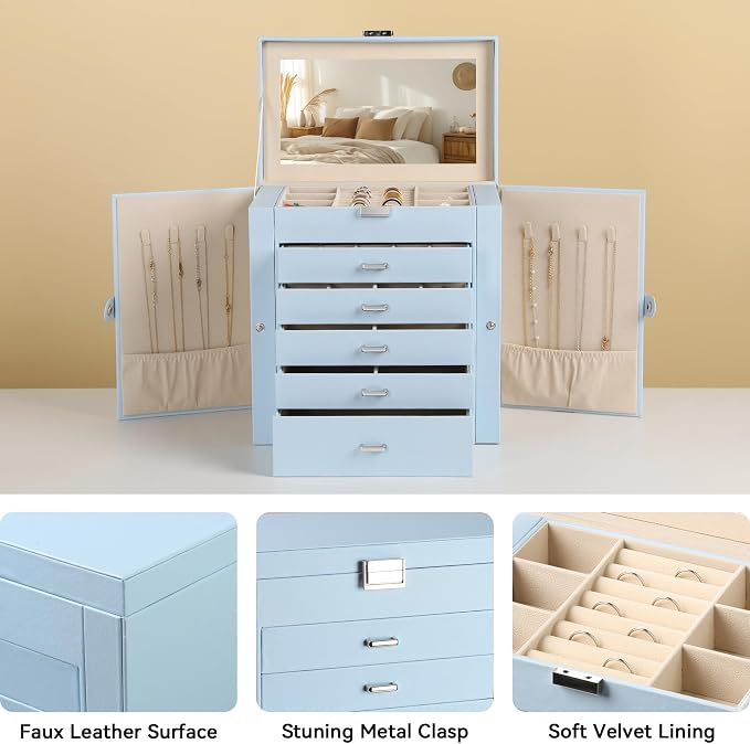 Frebeauty Large Jewelry Box,6-Tier PU Leather Jewelry Organizer,Multi-functional Storage Case with Mirror,Accessories Holder with 5 Drawers for Necklace Bracelets Watches(Sky Blue) - Image 4