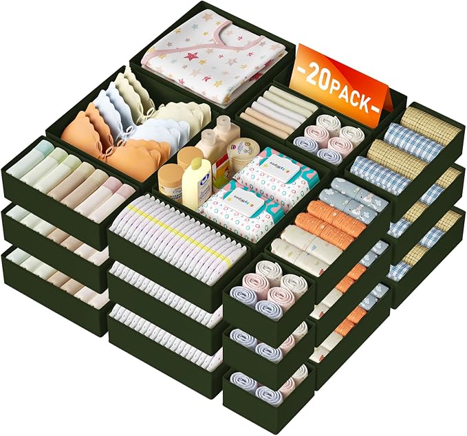 DIMJ Drawer Organizer Clothes Storage - 20 Pack Baby Dresser Organizer for Nursery, Foldable Closet Drawer Bins for Bedroom Organization, Fabric Storage Dividers for Socks, Underwears, Green by DiMJ