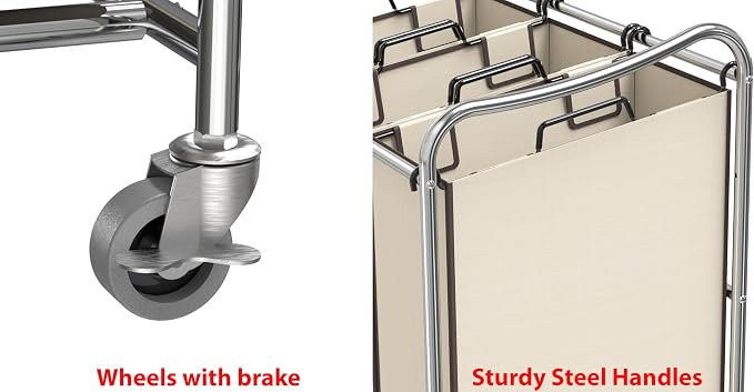 Simple Houseware Heavy-Duty 3-Bag Laundry Sorter Cart, Chrome - Image 4
