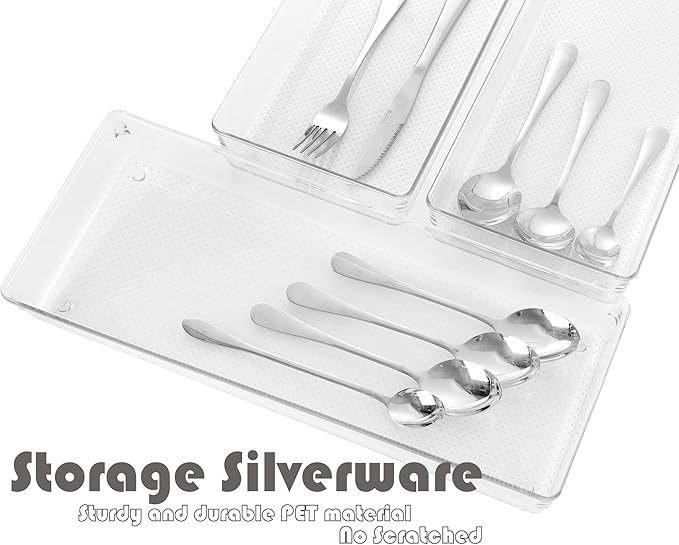 4Pack Large Size Clear Plastic Desk Drawer Dividers Drawer Organizer Wide Tray for Makeup,Kitchen Utensils,Silverware,Jewelries and Gadgets 15’’x6’’ - Image 4