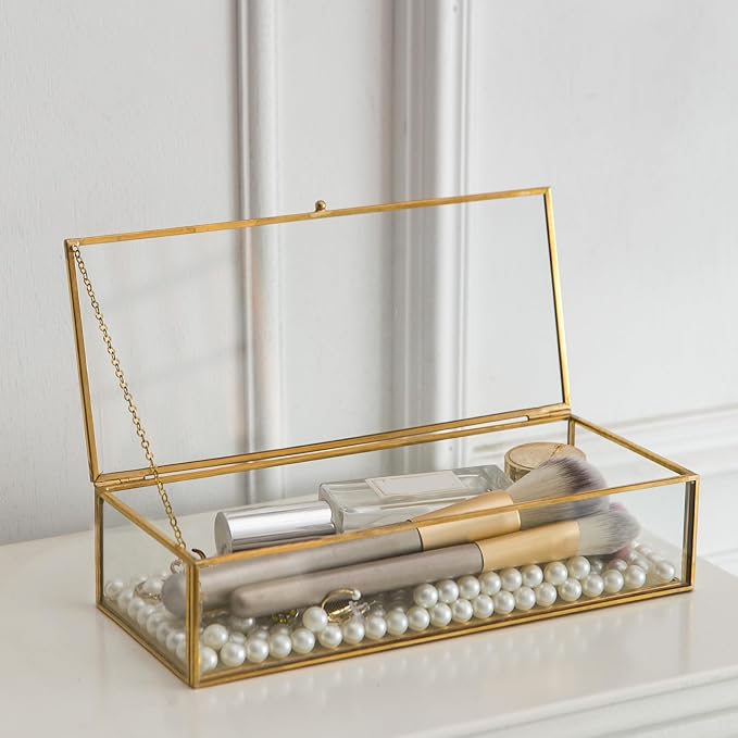 Glass Jewelry Box, Vintage Rectangle Gold Keepsake Box Organizer Box Vanity Lidded Box Home Decor Accent Decorative Box for Storage Trinket Rings Bracelet - Image 4