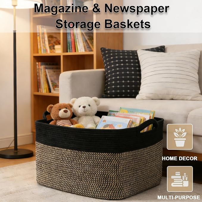 Large Blanket Basket,Woven Rope Basket Storage Bin with Handles,65L Rectangle Laundry Basket for Magazines,Toys,Clothes,Newspaper Shelf Organization,Nursery and Living Room,Black&Jute - Image 5