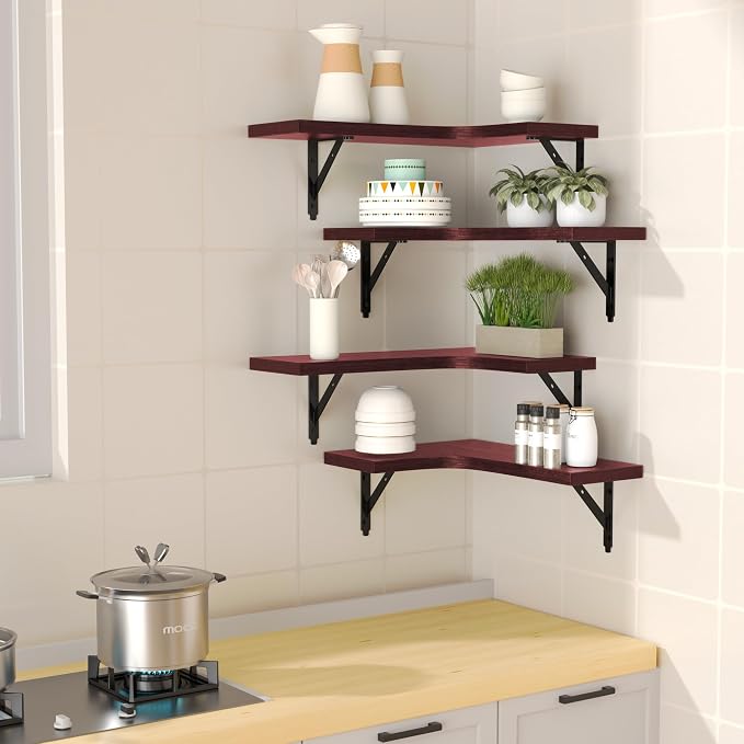 ROMGUAR CRAFT Corner Floating Shelves Wall Mounted Set of 4, Rustic Wood Storage Display Shelves for Home Decor, Bathroom, Kitchen, Bedroom, Living Room, Office (Red) - Image 2