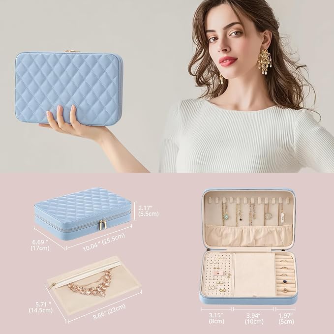 Lolalet Travel Jewelry Case for Women Girls, Travel Jewelry Organizer Box with Mirror & Clear Storage Bag, Small Portable Earring Necklace Bracelet Ring Case, Birthday Valentine Gifts -Large, Blue - Image 6