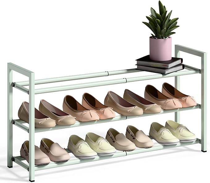 Bumusty 3-Tier Expandable Shoe Rack for Closet, 18“-33” Adjustable Shoe Rack for Small Space, Small Shoe Organizer for Front Door, Sturdy Metal, Green by BUMUSTY