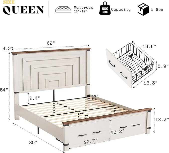 AMERLIFE 2 Pieces Farmhouse Bedroom Set, Includes Wood Rustic Full Size Bed Frame with 54" Tall Headboard, 48" Tall 5 Drawers Dresser Chest, Heavy Duty Thick Plank Styling, Antique White