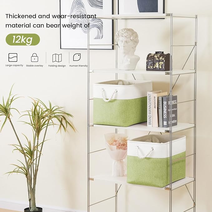 Large Storage Baskets- 16x12x12 inch Storage Bins for Shelves and Closet Organizing, Foldable Fabric Bin for Home Organization Clothes and Laundry (1-Pack, White&Green) - Image 3