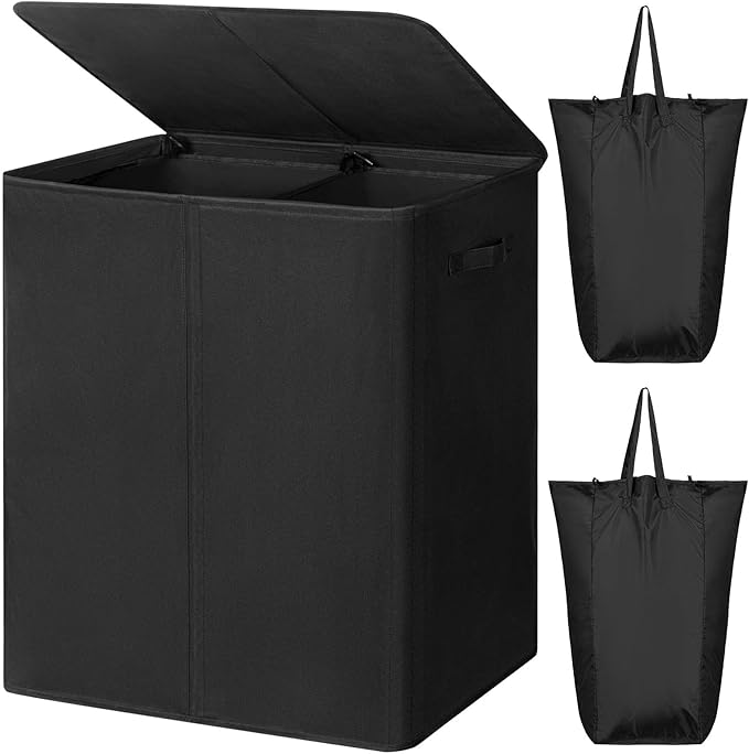 WOWLIVE 154L Double Laundry Hamper with Lid and Removable Laundry Bags, Large Dirty Clothes Hamper 2 section Collapsible Laundry Basket Dorm Room Storage for Bedroom, Bathroom, College, Black by WOWLIVE