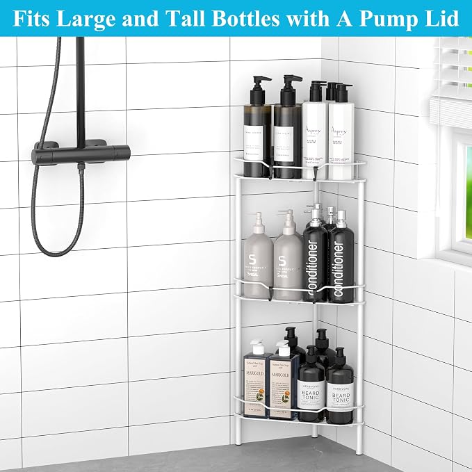 HuggieGems 3 Tier Floor Standing Corner Shower Caddy Organizer Shelf with Hooks, Bathroom Shelves Stand Rack, White - Image 4