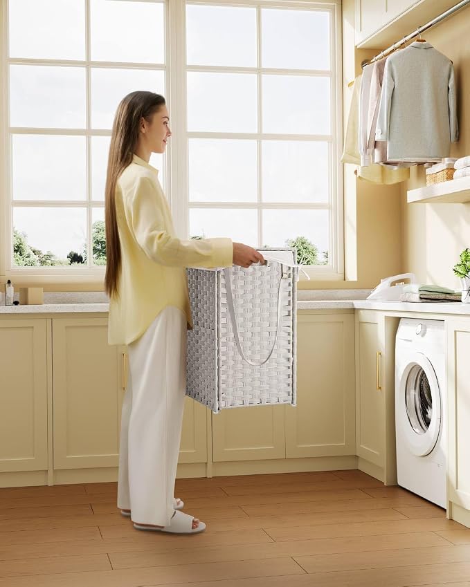 Greenstell Laundry Hamper with Wheels, No Install Needed, 90L Divided Handwoven Hampers & 2 Removable Liner Bags, Rattan Clothes Laundry Basket with Lid & Handles, Foldable Hampers White - Image 2