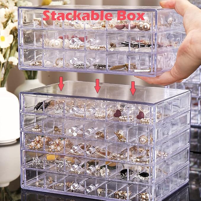 YUFONG Earring Storage Box Organizer 3 Drawers Acrylic Jewelry Storage Box Holder Transparent Jewelry Display Stand with 72 Small Compartments Gift for Women Girls (Clear) - Image 5