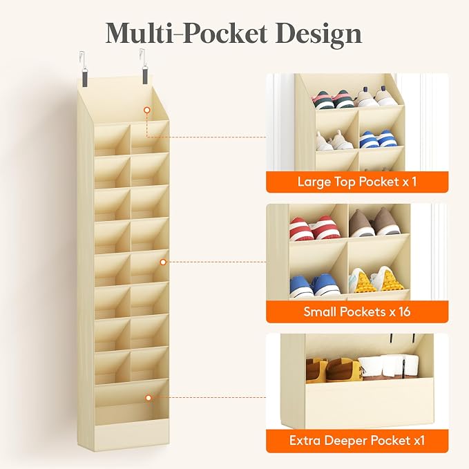 Lifewit 10 Tier Over the Door Shoe Organizer with 19 Large Deep Pockets, Fabric Hanging Shoes Shelf for Closet, Dorm Storage, Fit Up to 20 Pair Shoe Rack Holder for Sneakers, Boots, Beige - Image 6