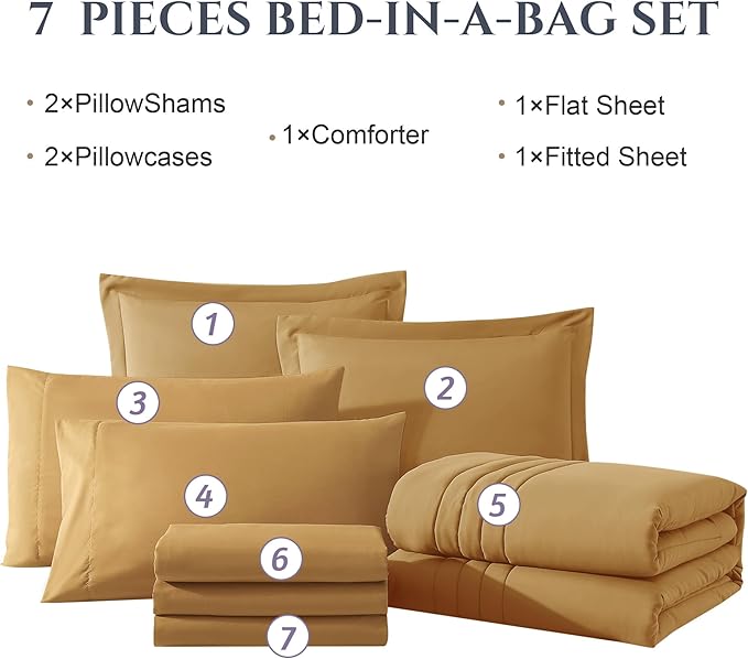 Monbix Queen Comforter Set - 7 Pieces Desert Yellow Bed in a Bag Queen Bedding Sets with Comforters, All Seasons Comforter Bed Set with Sheets, Pillowcases & Shams