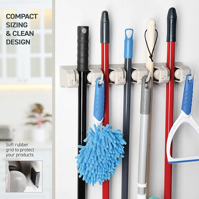 Mop and Broom Holder Wall Mount 2 Pack - Garage Storage Organizer with 5 Slots, 6 Hooks, 7.5lbs Capacity Per Slot - Home, Kitchen, Closet, Laundry Room Organization – Off-White Broom Hanger - Image 7