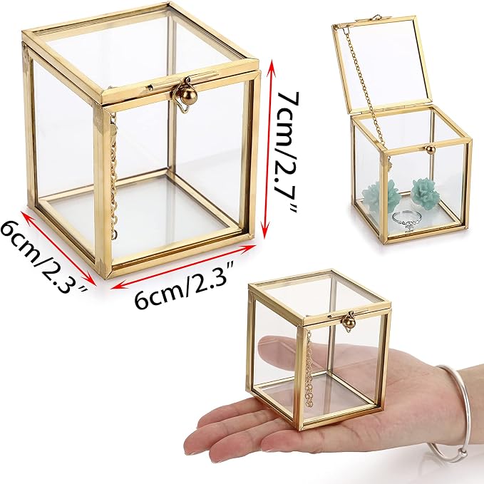 Hipiwe 2 Packs Vintage Glass Jewelry Organizer Box - Small Golden Metal Keepsake Box Desktop Jewelry Organizer Holder, Wedding Birthday Gift, Square Vanity Decorative Box for Dresser Bathroom - Image 3