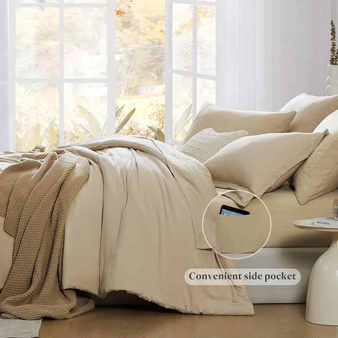 WRENSONGE Super King Size Comforter Set- 7 Pieces Beige Bed in a Bag Super King with Fitted Sheet, Flat Sheet, 2 Pillow Shams, and 2 Pillowcases- Warm Bed Set for All Season