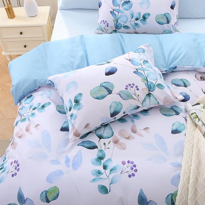 MUXHOMO Bed in a Bag King 7 Pieces, King Comforter Set Reversible Blue Botanical Flowers Design, Ultra Soft & Breathable Bedding Sets with Comforter, Sheets, Pillowcases & Shams