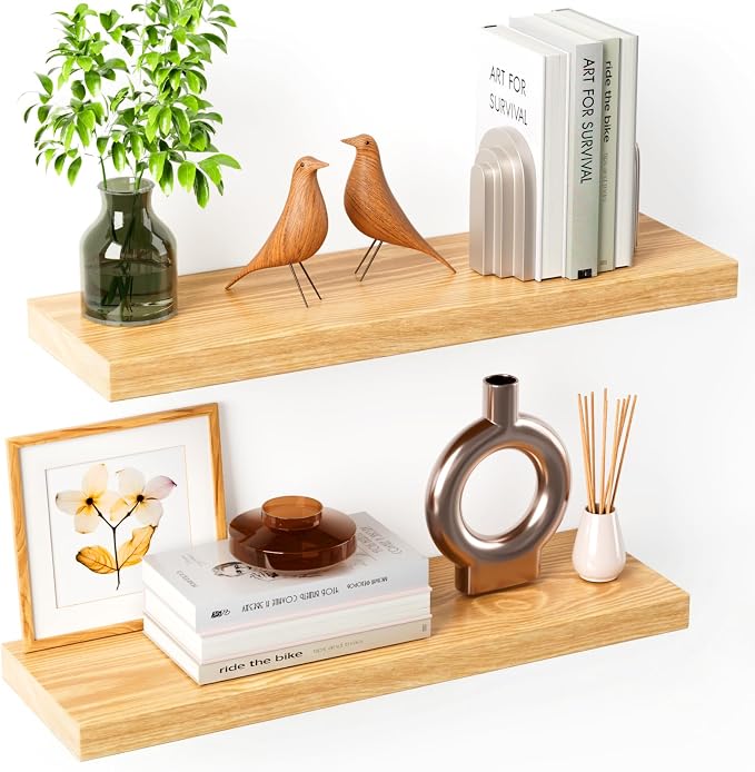 Floating Shelves for Wall Rustic Farmhouse 24 Inch Floating Shelf Wooden Shelves for Wall Pine Wood Shelf with Unique Natural Grain for Living Room Bedroom Kitchen (Raw Wood) by Unknown