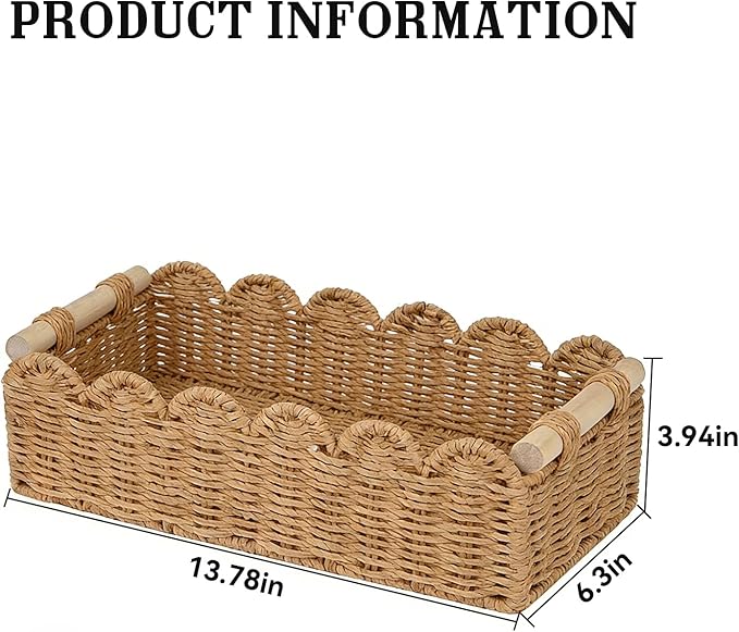 Upgraded Paper Rope Scalloped Edge Toilet Paper Storage Basket, Small Living Room, Bedroom Decor Baskets for Over Toilet Storage Shelf, End Table, Shelves and More, with 2 Wooden Handle (Neutral) - Image 7