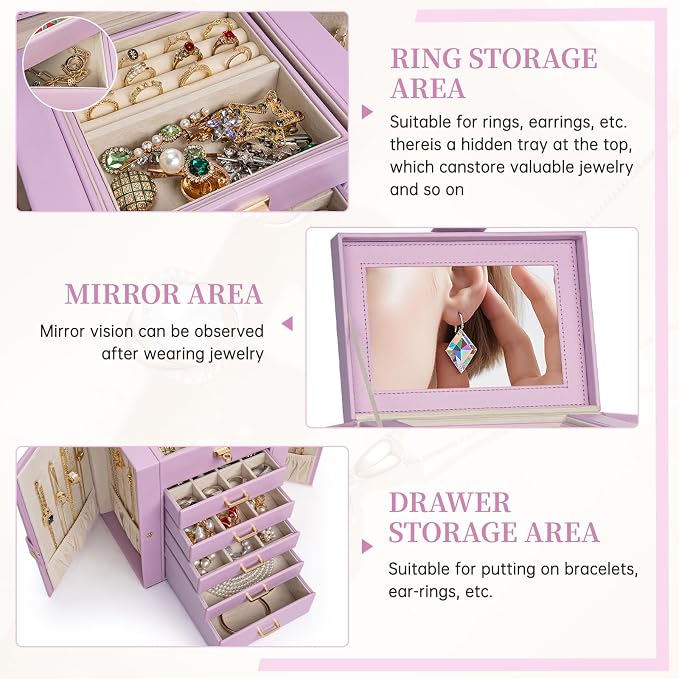 AKOZLIN Jewelry Box Organizer Functional Leather Jewelry Storage Case for Women Girls Ring Necklace Earring Bracelet Holder Organizer with Mirror - Image 2