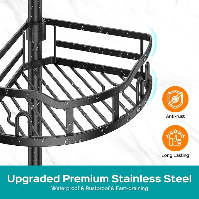 HAMITOR Corner Shower Caddy Tension Pole: Rustproof Stable 4-Tier Bathroom Organizer Shelves for Bathtub Shampoo Storage - 47-121 Inch Quick Install Adjustable Standing Rack with Soap Rack - Black - Image 5