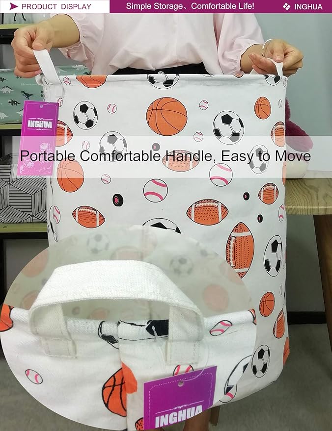 Laundry Hamper Large Canvas Fabric Lightweight Storage Basket/Toy Organizer/Dirty Clothes Collapsible Waterproof for College Dorms, Boys and Girls Bedroom,Bathroom(Ball game) - Image 4