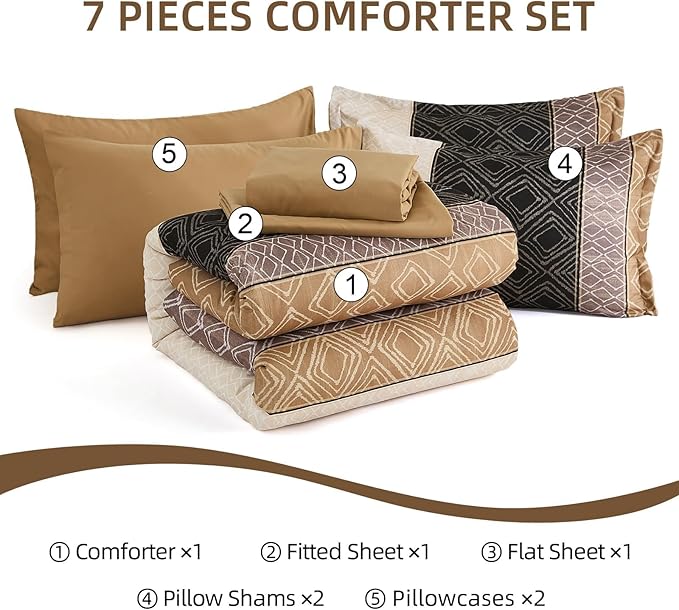 Dinjoy Brown King Size Comforter Set,Striped Bed in a Bag King 7 Pieces Soft Boho Bedding Comforters Sets Microfiber Bed Complete Set with Sheets for Fall Winter