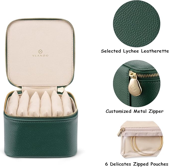 VLANDO Travel Jewelry Box Organizer – Portable PU Leather Jewelry Case with 6/8/12 Zippered Pouches, Compact Storage for Earrings Rings Necklaces Bracelets, Dark Green - Image 7