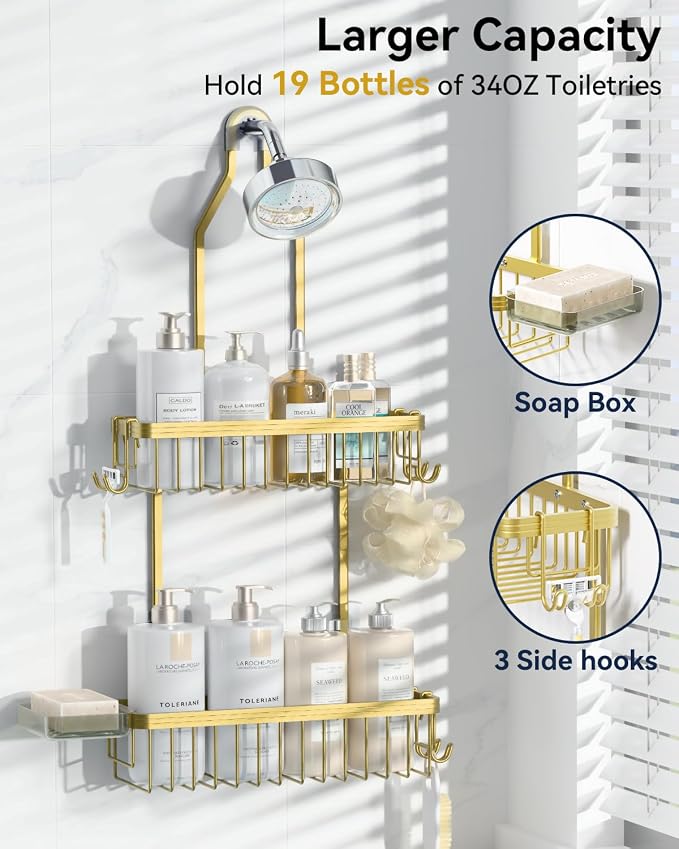 YASONIC Shower Caddy Hanging, Never Rust Shower Organizer Hanging, Aluminum Shower Racks for Inside Shower with Hooks for Razor, Bathroom Organizers and Storage with Soap Holder, Gold - Image 3