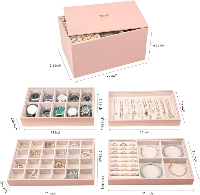 Voova Stackable Jewelry Organizer Tray with Lid, PU Leather Jewelry Storage Holder for Drawer Inserts, Jewellery Display Box Case for Earring Necklace Ring Watch Bracelet (Set of 4, Pink) - Image 5