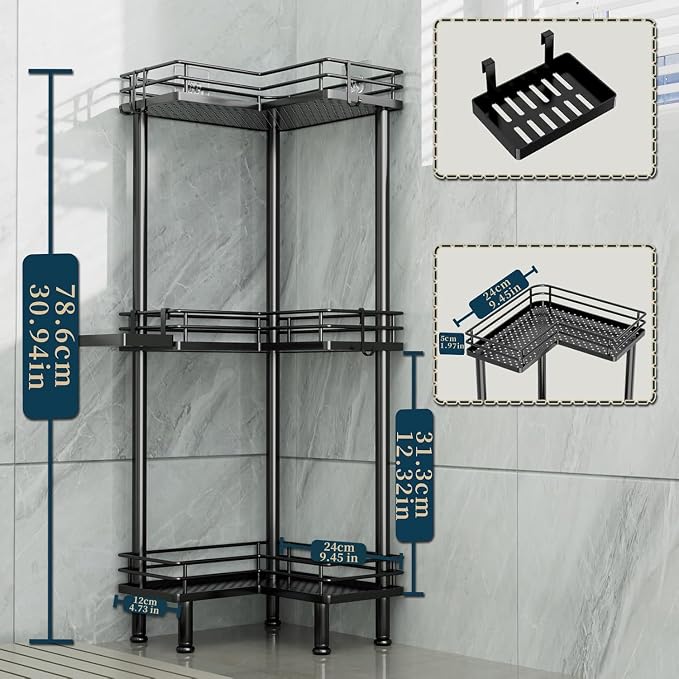 Consumest Corner Shower Caddy Standing - 3-Tier Stainless Steel Shower Organizer with Soap Holder and 4 Hooks, Large Capacity Corner Shelf Stand for Bathroom, Rest Room, Black - Image 5