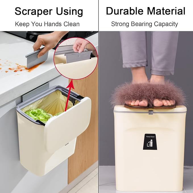 Tiyafuro 2.4 Gallon Kitchen Compost Bin for Counter Top or Under Sink, Hanging Small Trash Can with Lid for Cupboard/Bathroom/Bedroom/Office/Camping, Mountable Indoor Compost Bucket, Beige - Image 5
