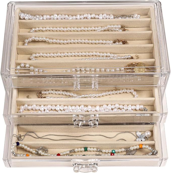 CLUQMEIK Necklace Organizer Box with Clear Lid, Dustproof Velvet Jewelry Holder Storage Display Case, Stackable Acrylic Necklace Tray Drawer Insert for Women and Girls (Beige,3 Drawers) - Image 9