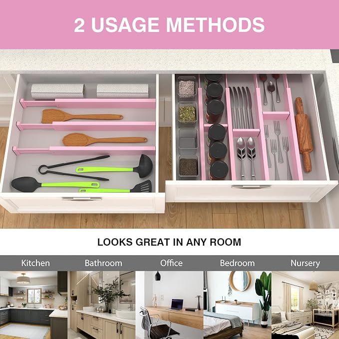 ANTOWIN Expandable Bamboo Drawer Dividers Organizers, Drawer Separators Splitter, 17-22 inches Long Adjustable Spring-loaded Organizer for Large Utensil, Clothes, Tools(Pink) - Image 6
