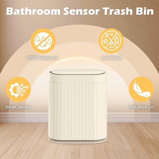 ELPHECO 2 Gallon Sensor Trash Can - IPX5 Waterproof Motion Sensor Trash Can, Automatic Bathroom Trash Bin, Slim Garbage Can for Bathroom, Office, Bedroom, Living Room, Beige - Image 5