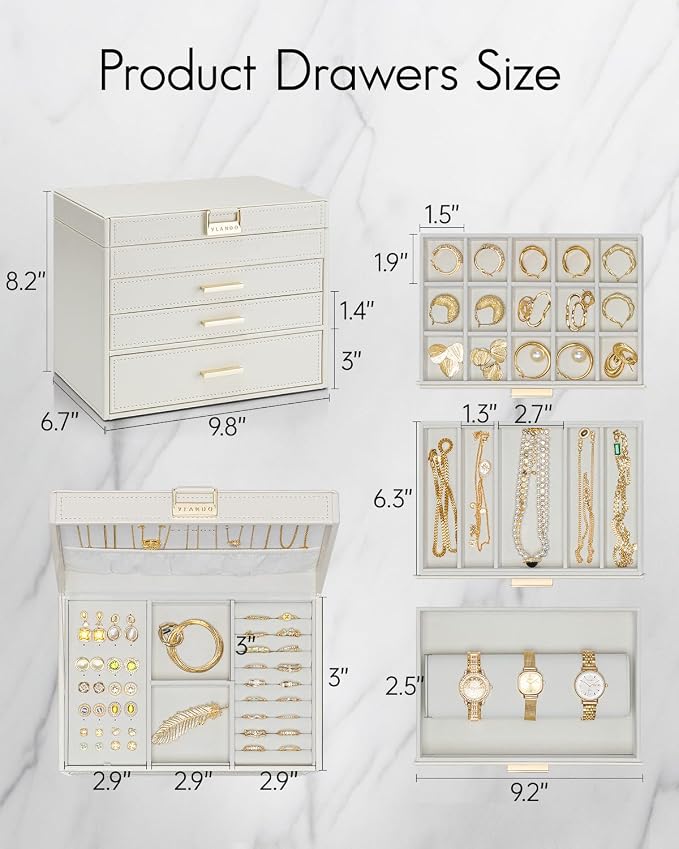 VLANDO 4 Layer Large Jewelry Box - Jewelry Holder Organizer, Jewelry Box Organizer for Drawer Necklace Ring Bracelet and Watch, Birthday Gift for Loved Ones - Beige - Image 5