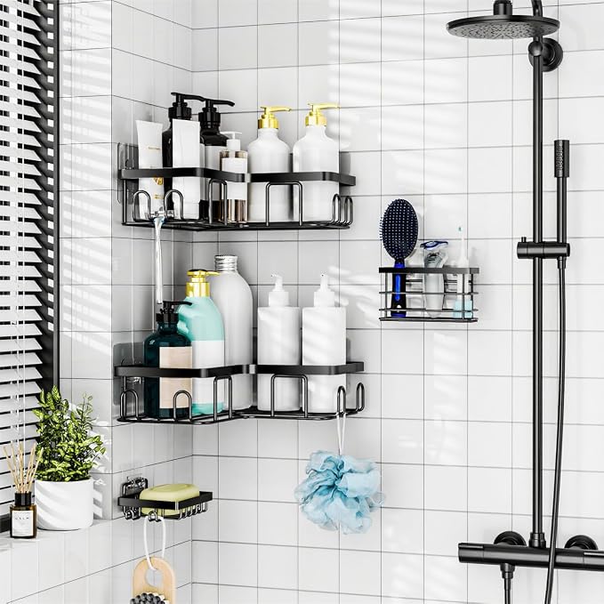 Moforoco 5-Pack Shower Caddy, L-Shaped, 10.2in Diameter, 90-Degree Right Angle, Rustproof, Easy Installation, 12 Hooks, Soap Holder, Adhesive Corner Shower Organizer, Black - Image 2