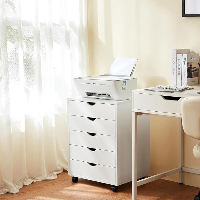 5 Drawer Mobile File Cabinet Under Desk Storage Organization with Wheels Vertical Filing Chest Rolling Wood Small Desk Printer Stand for Home Office, White - Image 8