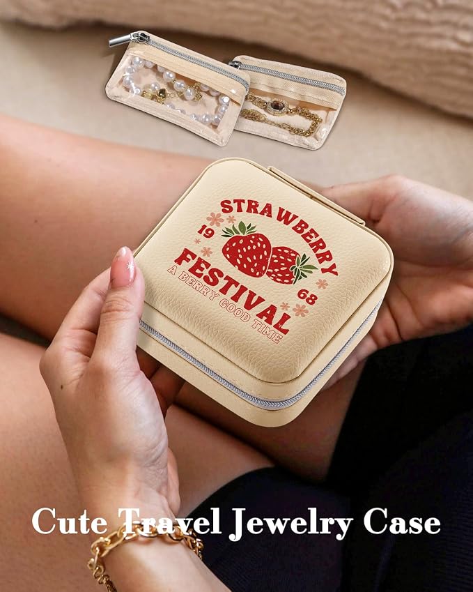 Bistup Travel Jewelry Case - Small Jewelry Organizers and Storage Box for Women Girls Teens Cute Traveling Jewelry Holder with Mirror Little Tiny Compact Strawberry Modern Unique Aesthetic Pretty - Image 3