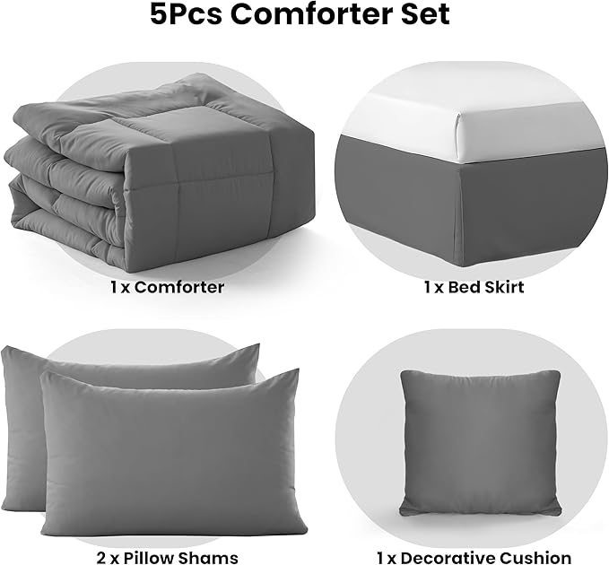 LUX Décor 5pc King Comforter Set, All-in-One Bed in a Bag, Includes 1 Comforter, 2 Pillow Shams, 1 Decorative Pillow & 1 Bed Skirt (Grey, King)