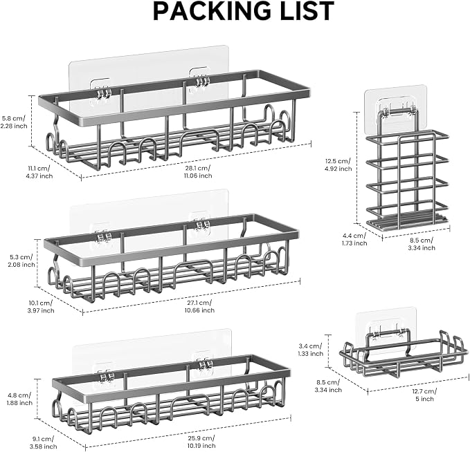 Shower Caddy, 5 Pack Shower Shelves for Inside Bathroom, Rustproof Adhesive Bathroom Organizer with Soap Holder, No Drilling Washroom Organizers and Storage for Bathtub Room/Kitchen/Home, Grey - Image 2