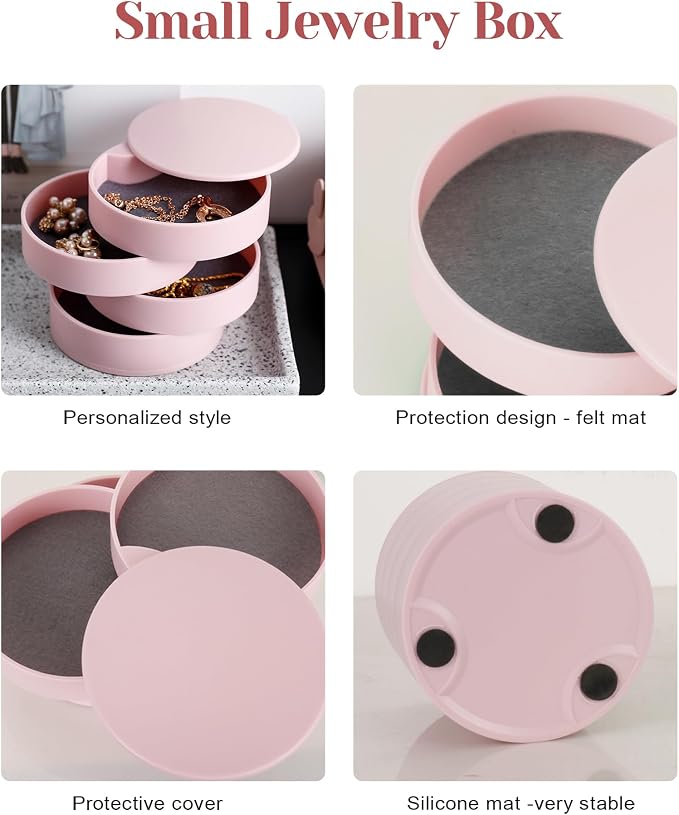 CONBOLA Jewelry Organizer, Small Jewelry Storage Box Earring Holder for Women, 4-Layer Rotating Travel Jewelry Tray Case with Lid for Bracelets Rings Bracelets, Gift for Women Teen Girls - Image 8