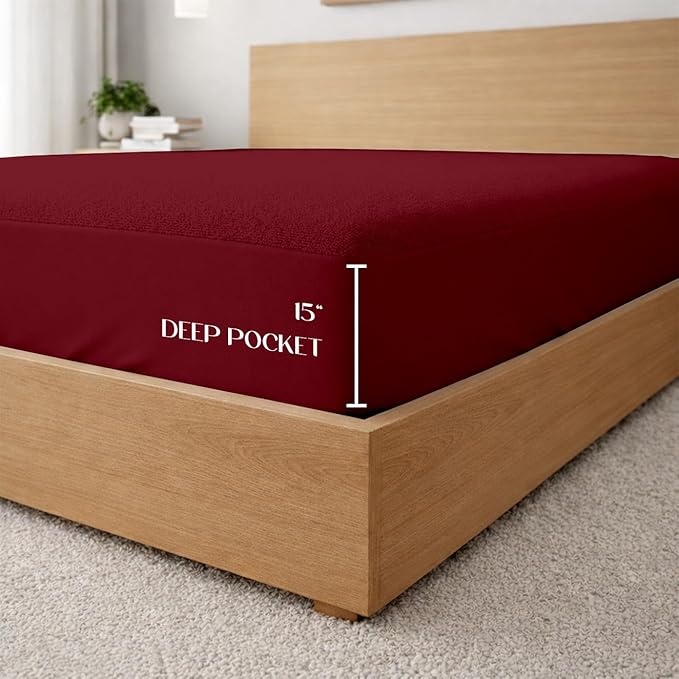 SGI bedding Waterproof 72X80 RV King Mattress Protector – 15" Deep Pocket, Soft Noiseless & Breathable Fitted Style Bed Cover, Skin- Friendly Protection Against Moisture, Spills & Stains – Burgundy