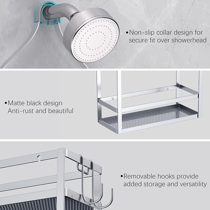 Meangood Shower Caddy, Silver Hanging Shower Caddy Organizer 10.4" x 4.5" x 22.04" Over Shower Head Big Capacity for Shampoo, Conditioner with Hooks for Razor/Sponge - Image 4