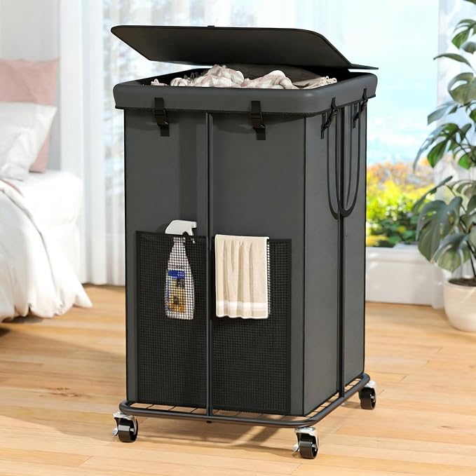 160L Laundry Hamper with Lid, Rolling Laundry Basket with Wheels, Large & Tall Dirty Clothes Hamper with Metal Frame and Removable Bag for Bedroom Aesthetic, Laundry Room, Bathroom, Dorm-Dark Gray by OLLDIDE