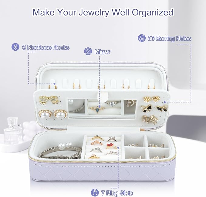 DesignSter Travel Jewelry Case, Woven Embossed PU Leather Jewelry Organizer with Mirror, Small Portable Jewelry Box for Women Rings Necklaces Bracelets Earrings - Image 2